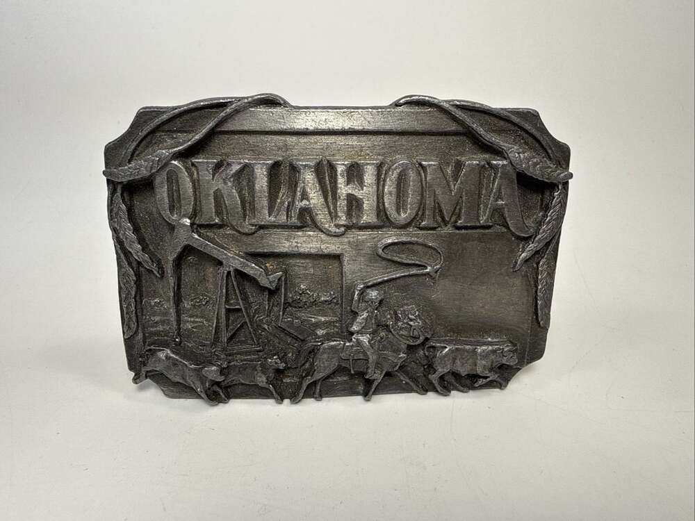 SISKIYOU Brass PEWTER BELT BUCKLE Pioneers Western Cowboy Oklahoma Oil 1984
